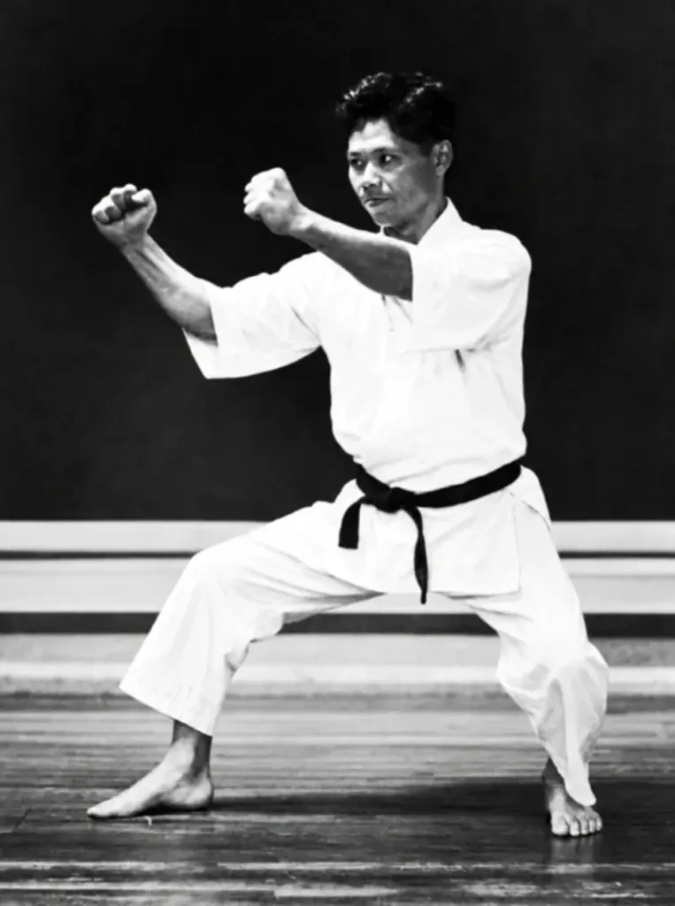 Master Yoshitaka Funakoshi full-body kiba-dachi guard posture