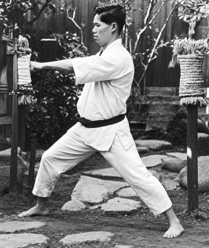 Master Yoshitaka Funakoshi striking the outdoor garden makiwara post